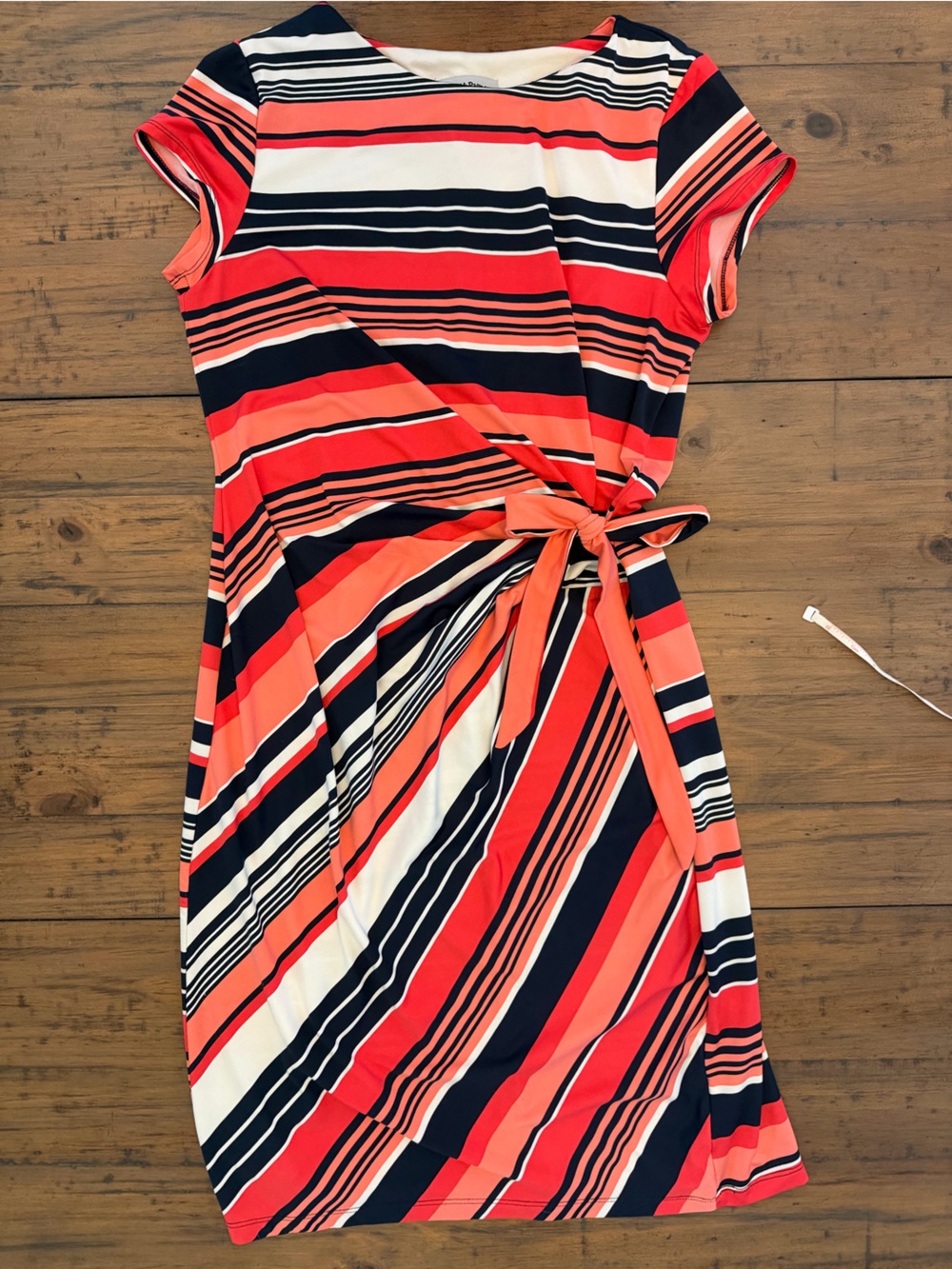 Striped Coral Navy White Tie Front Sleeveless Midi Teacher Dress